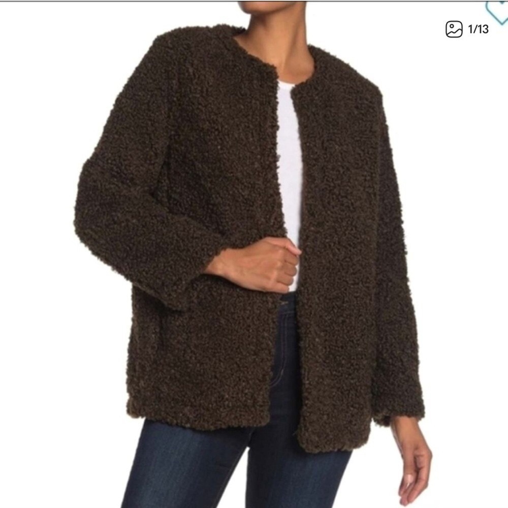 Max Studio Faux Fur Jacket Womens Large Brown Sherpa Boucle Open Front 9708Z23